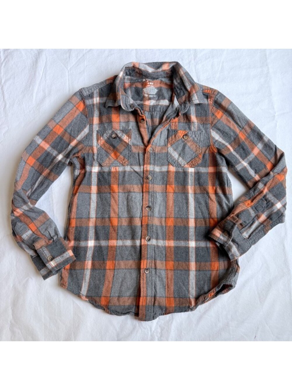 Arizona Jean Co Kids Gray & Orange Plaid Flannel Button-Up Shirt Size M 10/12